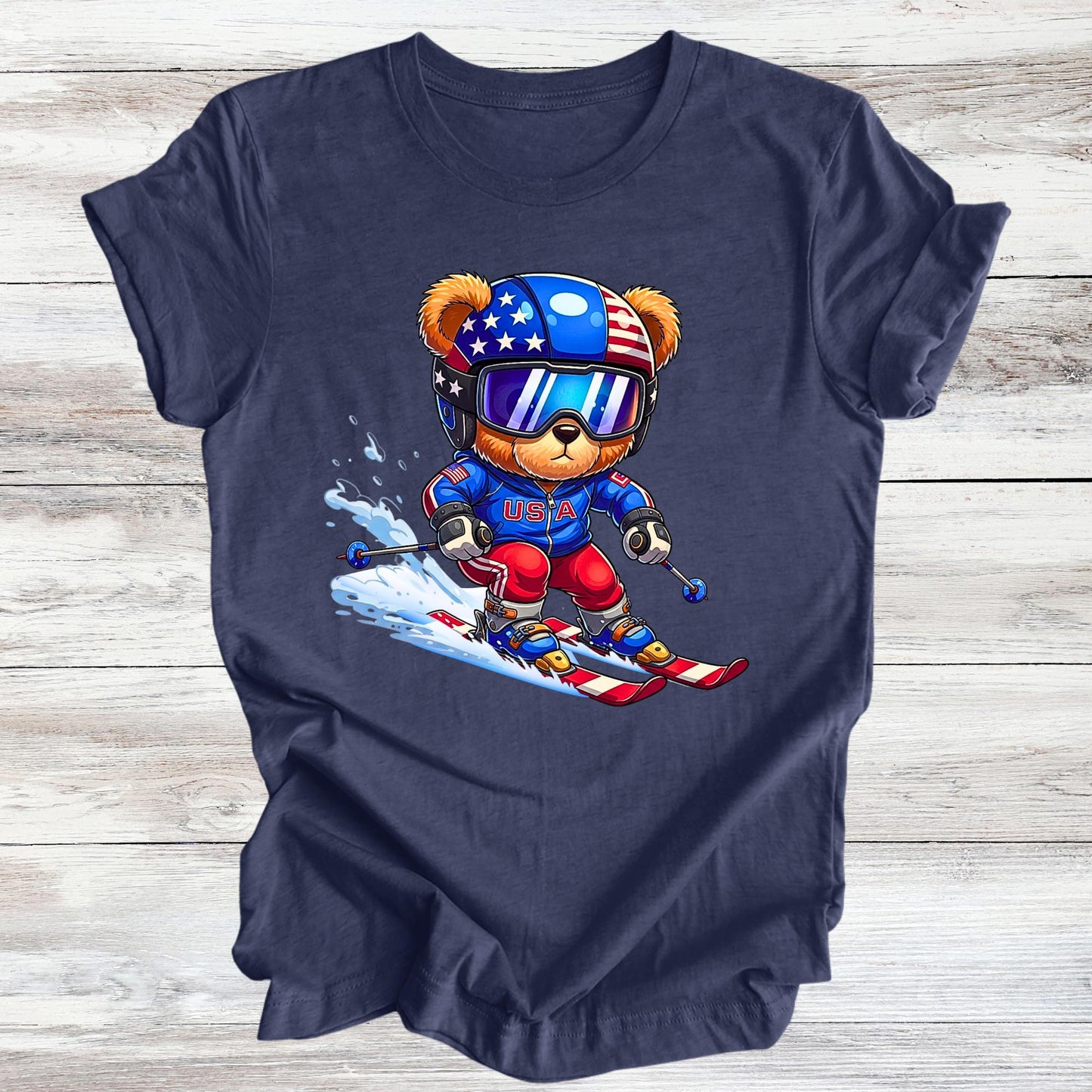 2026 Winter Unisex T-Shirt, Ski Team Crewneck, Skiing Teddy USA Bear Tee