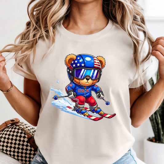 USA 2026 Winter Game Shirt, Comfort Colors Teddy Skiing Bear Shirts, Ski Team Long Sleeve Tee