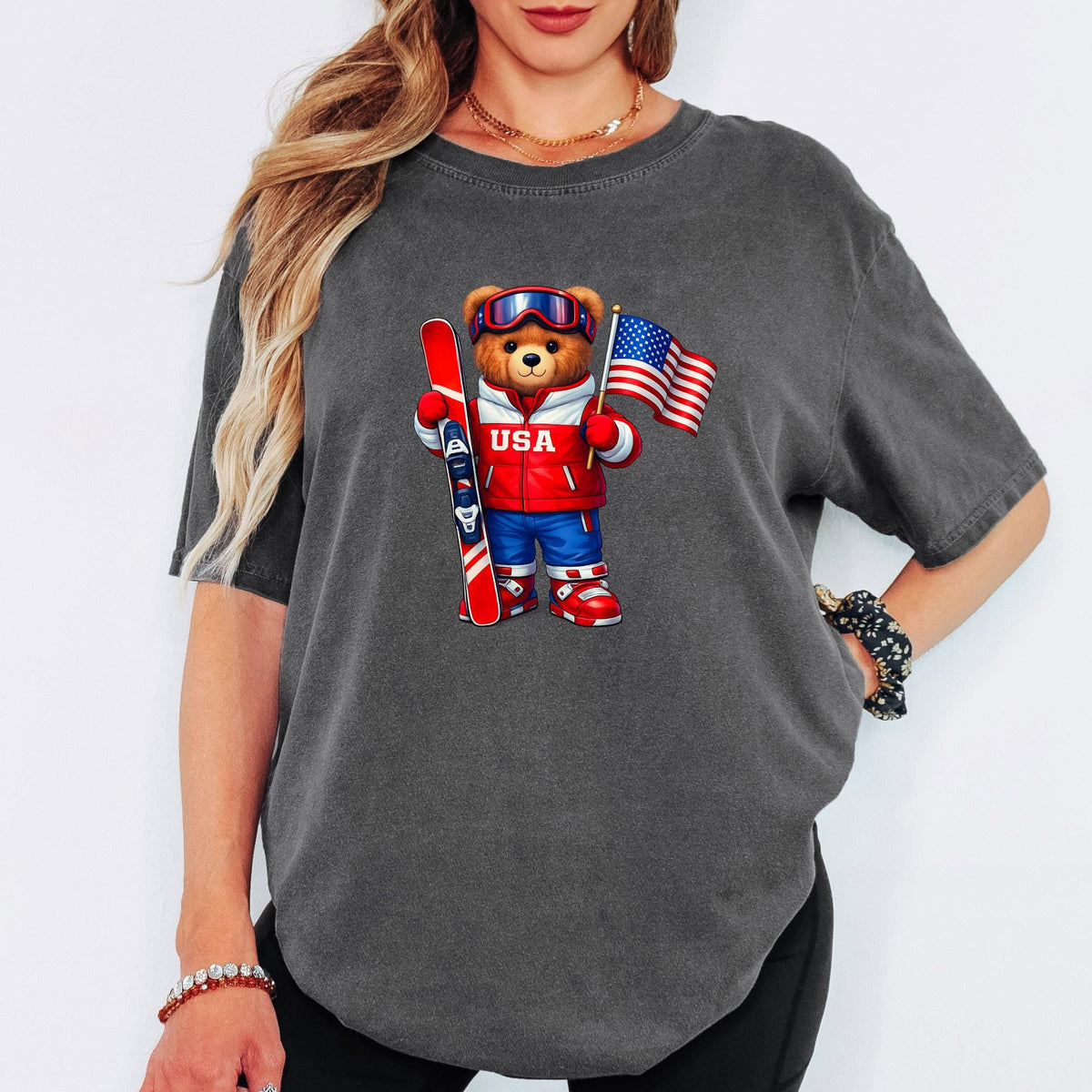 Comfort Colors® USA Ski Teddy Bear Shirt, Unisex Winter 2026 Sports Tee, Retro Apres Ski USA Shirt