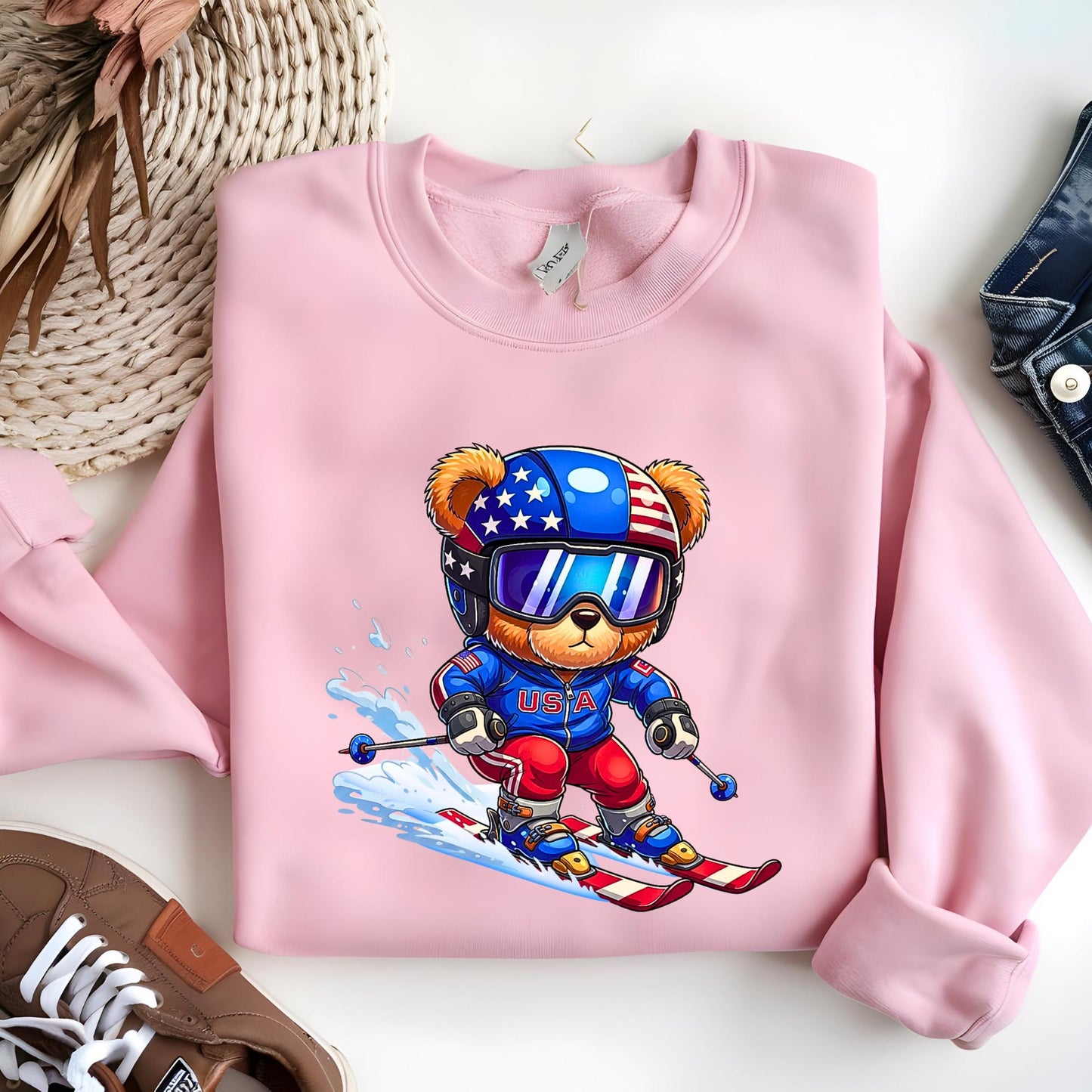 USA Winter 2026 Sweatshirt, USA Teddy Skiing Bear Sweatshirt, 2026 Winter Sports Crewneck, Italy Winter Sports Crewneck