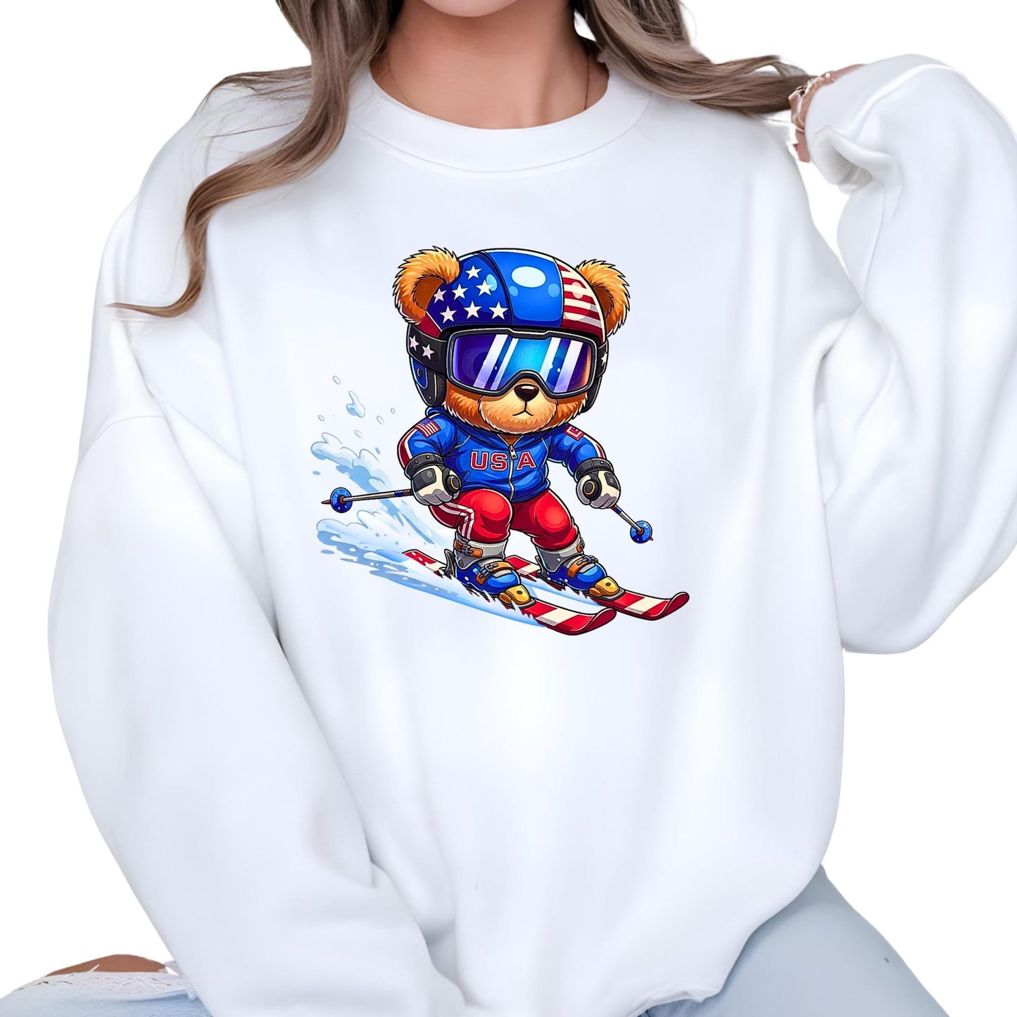 USA Winter 2026 Sweatshirt, USA Teddy Skiing Bear Sweatshirt, 2026 Winter Sports Crewneck, Italy Winter Sports Crewneck