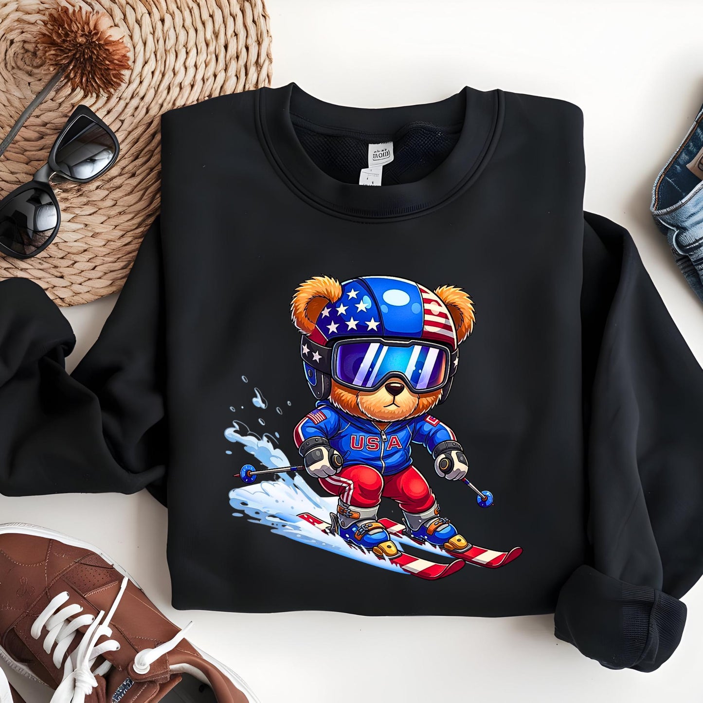 USA Winter 2026 Sweatshirt, USA Teddy Skiing Bear Sweatshirt, 2026 Winter Sports Crewneck, Italy Winter Sports Crewneck