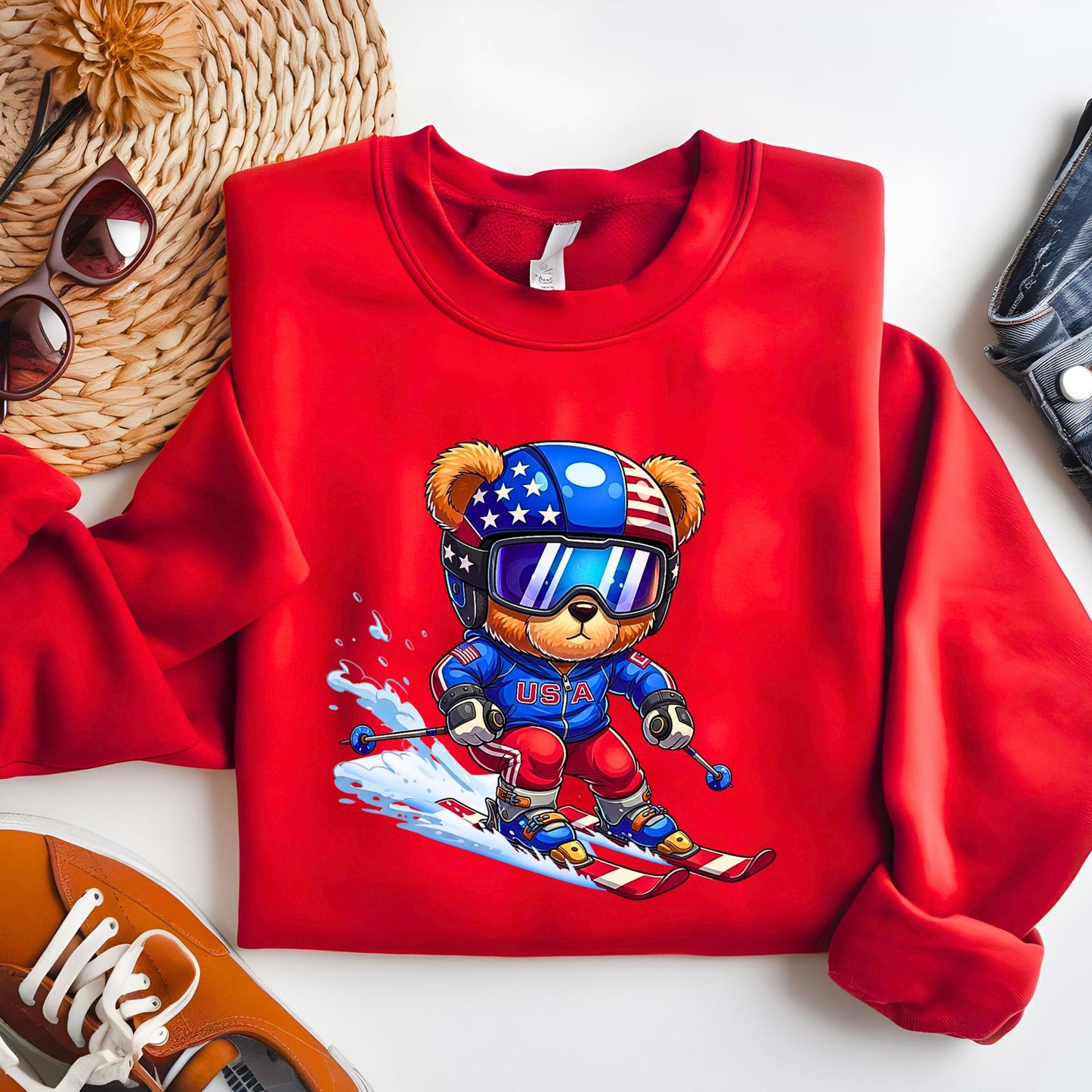 USA Winter 2026 Sweatshirt, USA Teddy Skiing Bear Sweatshirt, 2026 Winter Sports Crewneck, Italy Winter Sports Crewneck