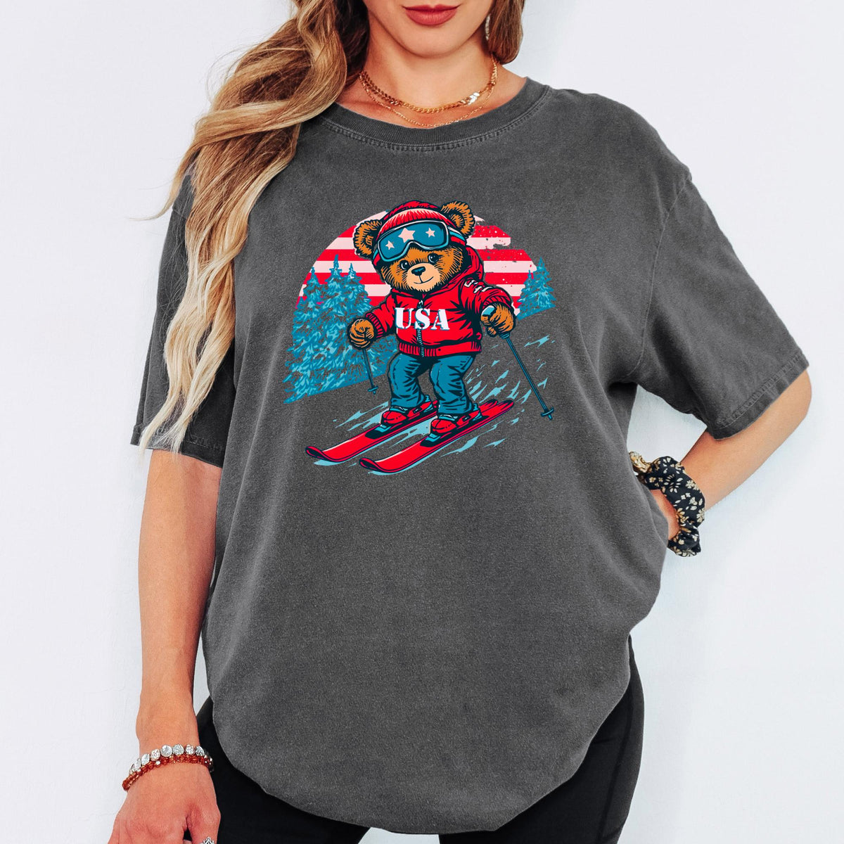 Comfort Colors® USA Winter Games 2026 Shirt, Ski Teddy Bear Graphic, Unisex Winter Sports Tee