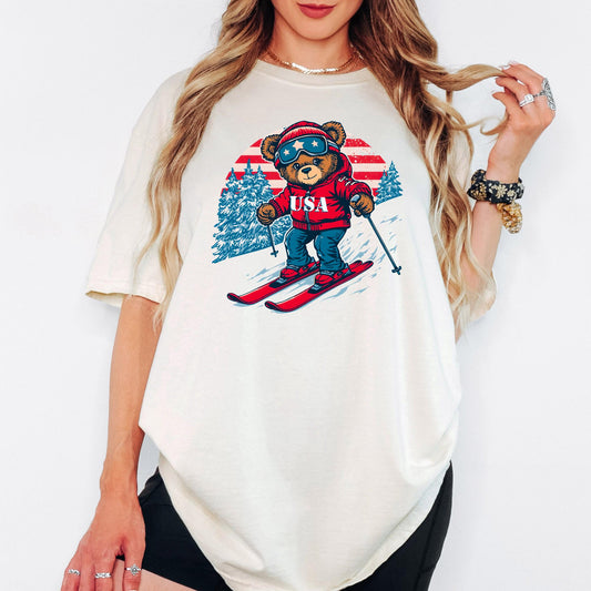 Comfort Colors® USA Winter Games 2026 Shirt, Ski Teddy Bear Graphic, Unisex Winter Sports Tee