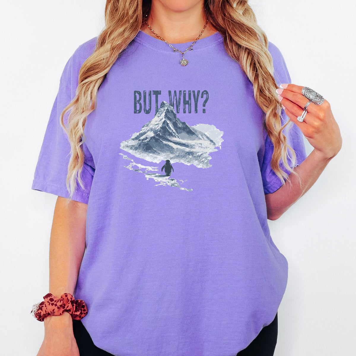 But Why Penguin Shirt, Funny Existential Quote Tee, Comfort Colors Graphic TShirt, Aesthetic Mountain Nature Top