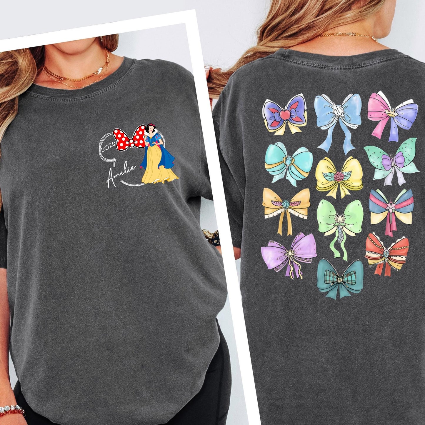 Disney Princess Bow Shirt Comfort Colors® Shirts - Coquette Disney Princess Tee, 2-Sided Disney Girl Trip Tees - Girls Tirp Tee