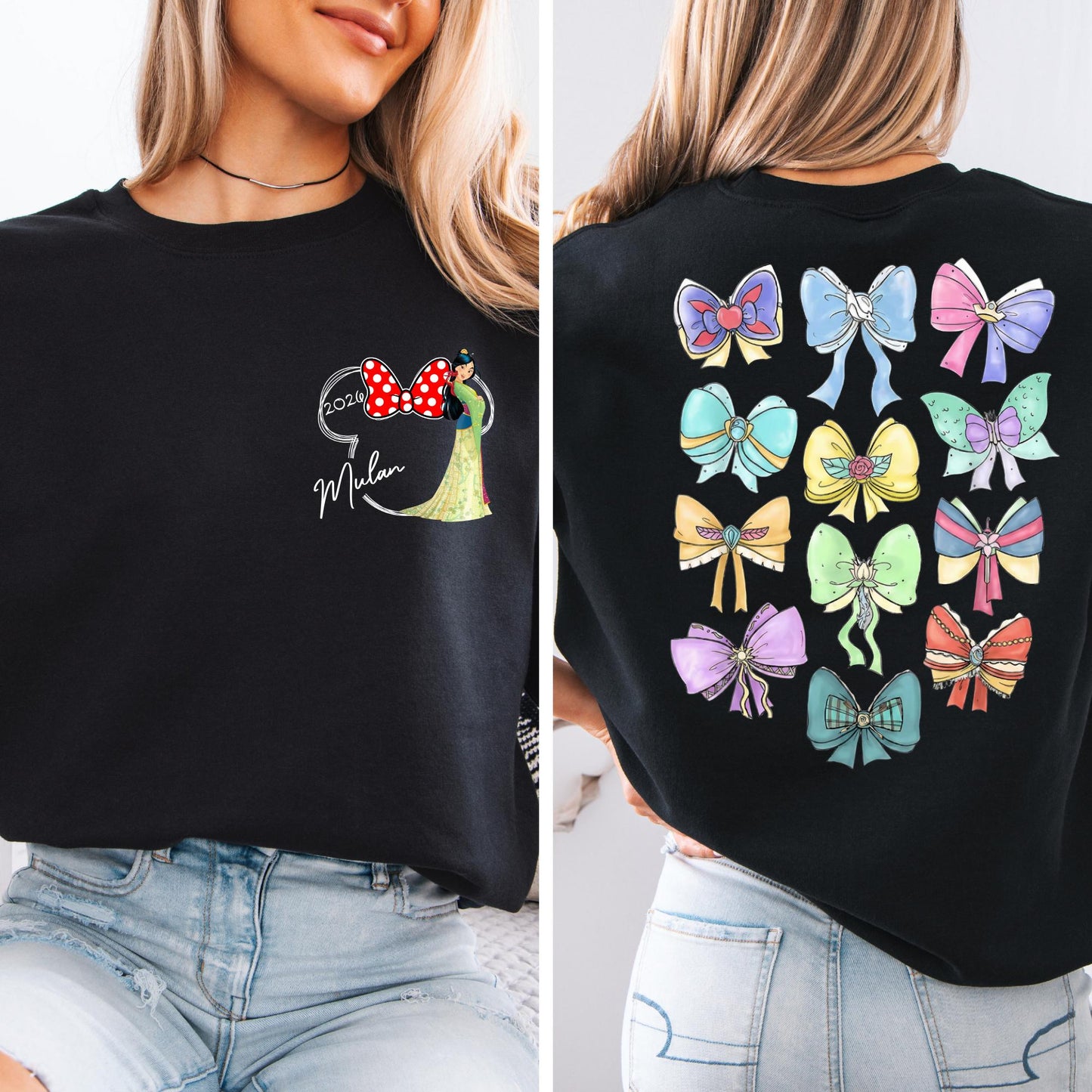 Personalized Retro Disney Princess Sweatshirt - Coquette Disney Princess Sweat, 2-Sided Disney Girl Bow Trip Hoodie