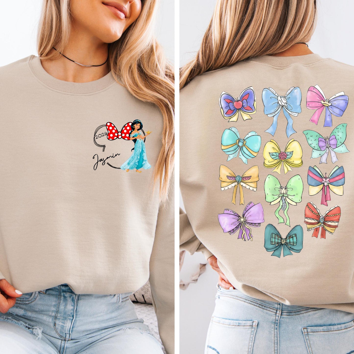 Personalized Retro Disney Princess Sweatshirt - Coquette Disney Princess Sweat, 2-Sided Disney Girl Bow Trip Hoodie
