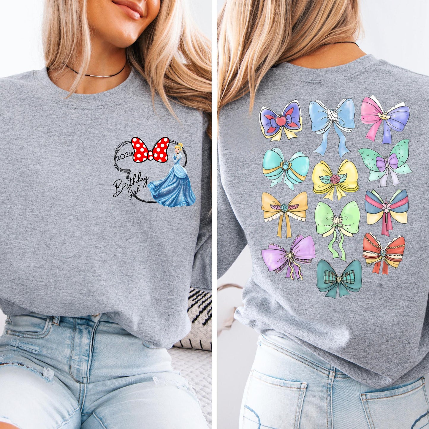 Personalized Retro Disney Princess Sweatshirt - Coquette Disney Princess Sweat, 2-Sided Disney Girl Bow Trip Hoodie