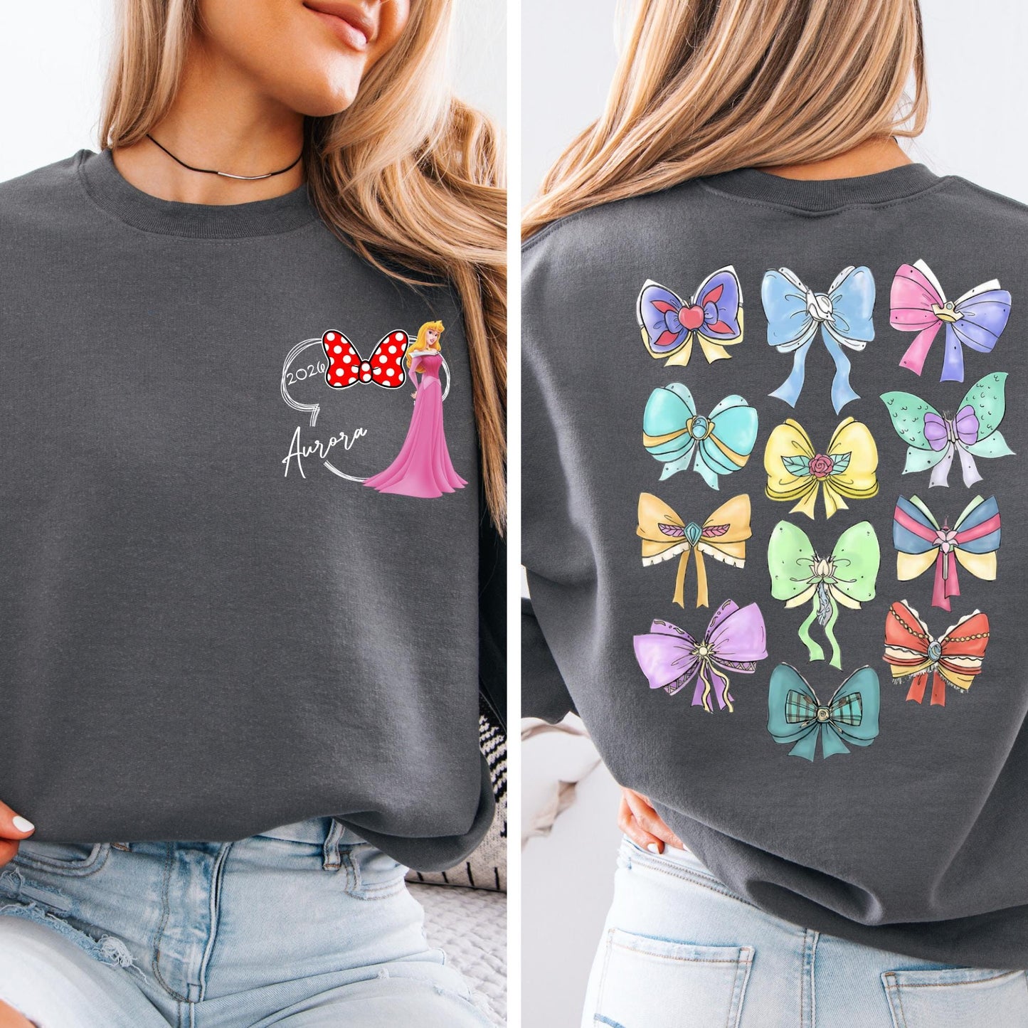 Personalized Retro Disney Princess Sweatshirt - Coquette Disney Princess Sweat, 2-Sided Disney Girl Bow Trip Hoodie