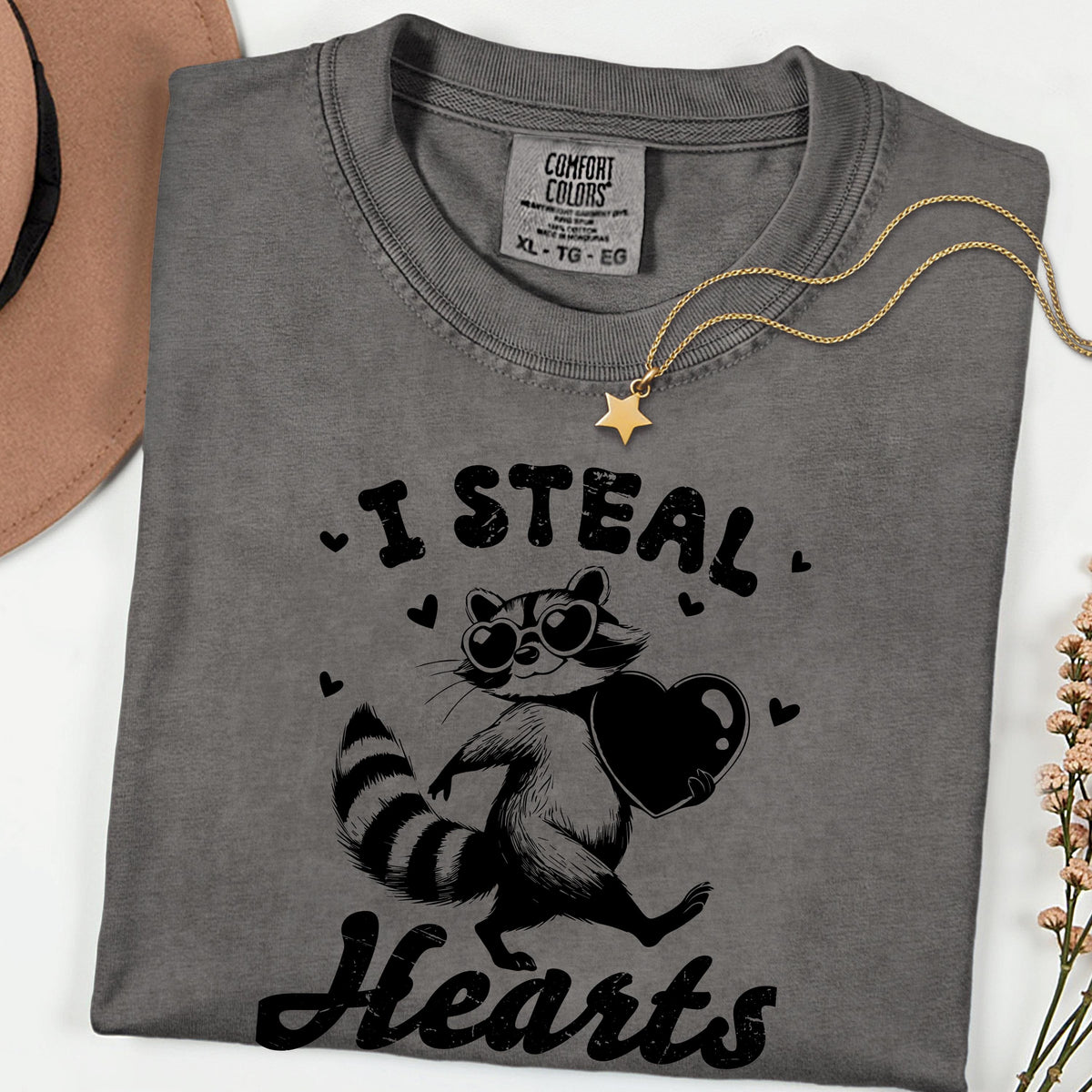 I Steal Hearts Shirt, Cute Raccoon Valentine Tee, Funny Love Graphic T Shirt, Comfort Colors Unisex Tee