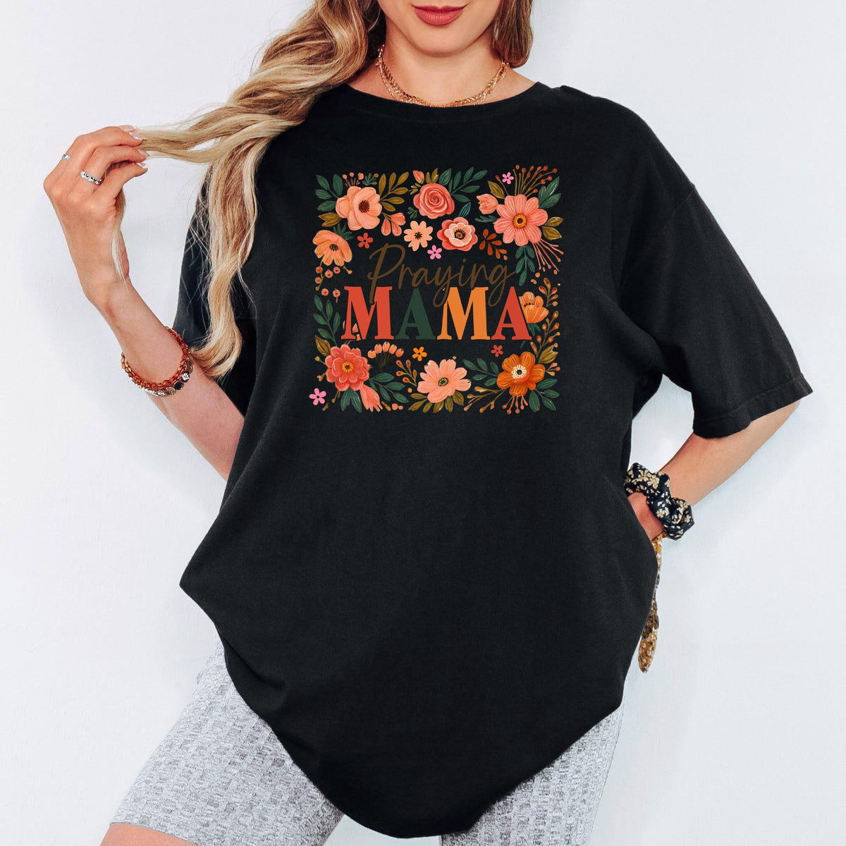 Comfort Colors® Praying Mama Shirt, Floral Faith Mom Tee, Christian Mother’s Day Gift, Inspirational Church Outfit for Women
