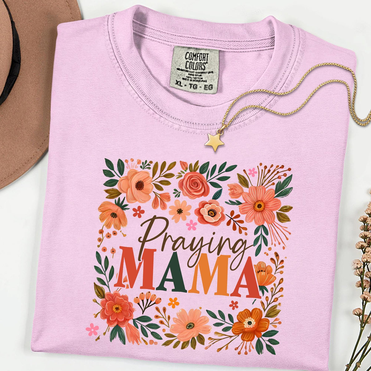 Comfort Colors® Praying Mama Shirt, Floral Faith Mom Tee, Christian Mother’s Day Gift, Inspirational Church Outfit for Women