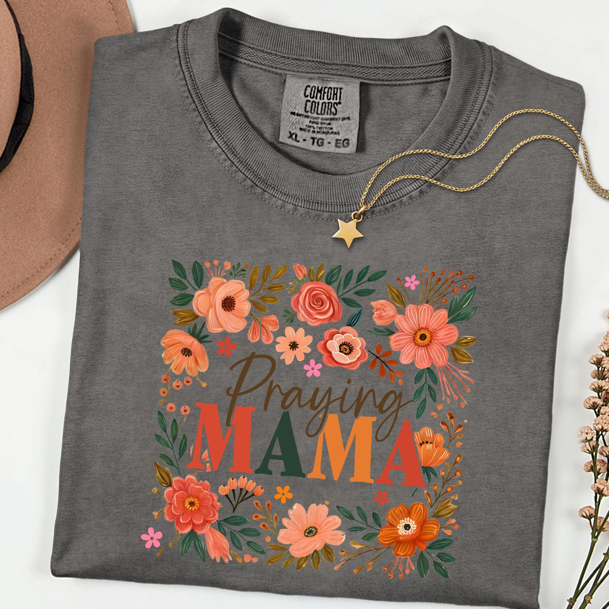 Comfort Colors® Praying Mama Shirt, Floral Faith Mom Tee, Christian Mother’s Day Gift, Inspirational Church Outfit for Women