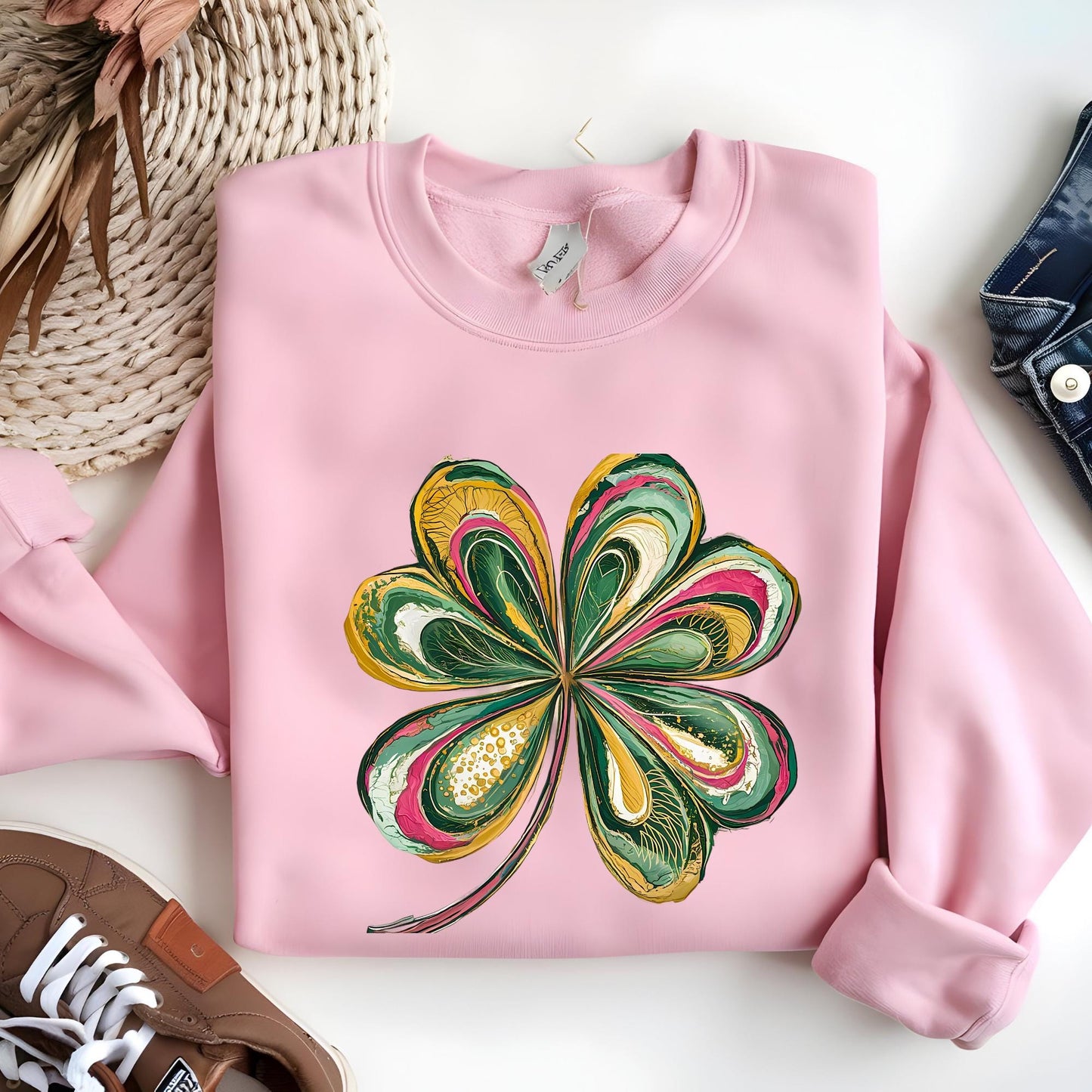 St Patricks Day Sweatshirt Lucky Shamrock Sweat Cute Saint Patrick's Party Tee Watercolor Four Leaf Clover Hoodie Irish Retro Shenanigans