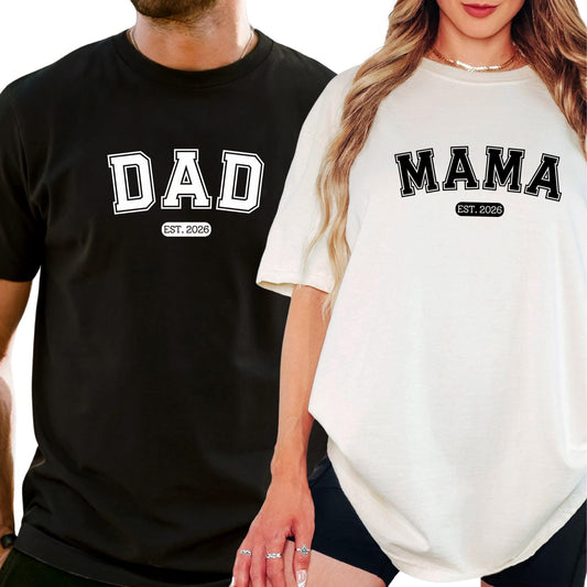 Custom Mama & Dad Est Date Shirts, Matching Couple Tees, New Parent Gift, Comfort Colors Unisex Tshirt