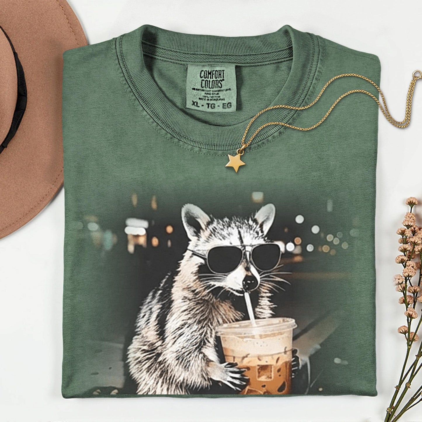 Comfort Colors® Raccoon Drinking Iced Coffee Shirt | Animal Meme Tee | Funny Coffee Lover Raccoon Shirt | Unisex Graphic T Shirt