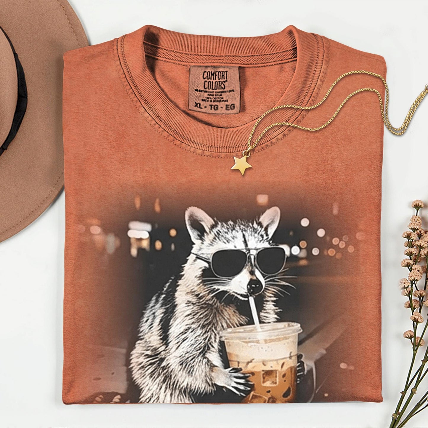 Comfort Colors® Raccoon Drinking Iced Coffee Shirt | Animal Meme Tee | Funny Coffee Lover Raccoon Shirt | Unisex Graphic T Shirt