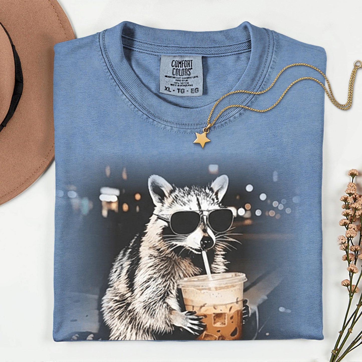 Comfort Colors® Raccoon Drinking Iced Coffee Shirt | Animal Meme Tee | Funny Coffee Lover Raccoon Shirt | Unisex Graphic T Shirt