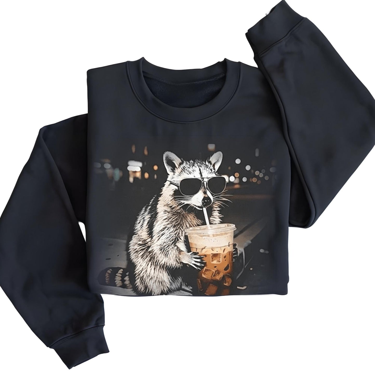 Funny Raccoon Drinking Iced Coffee Sweatshirt, Animal Meme Graphic Sweat, Gift for Men | Women