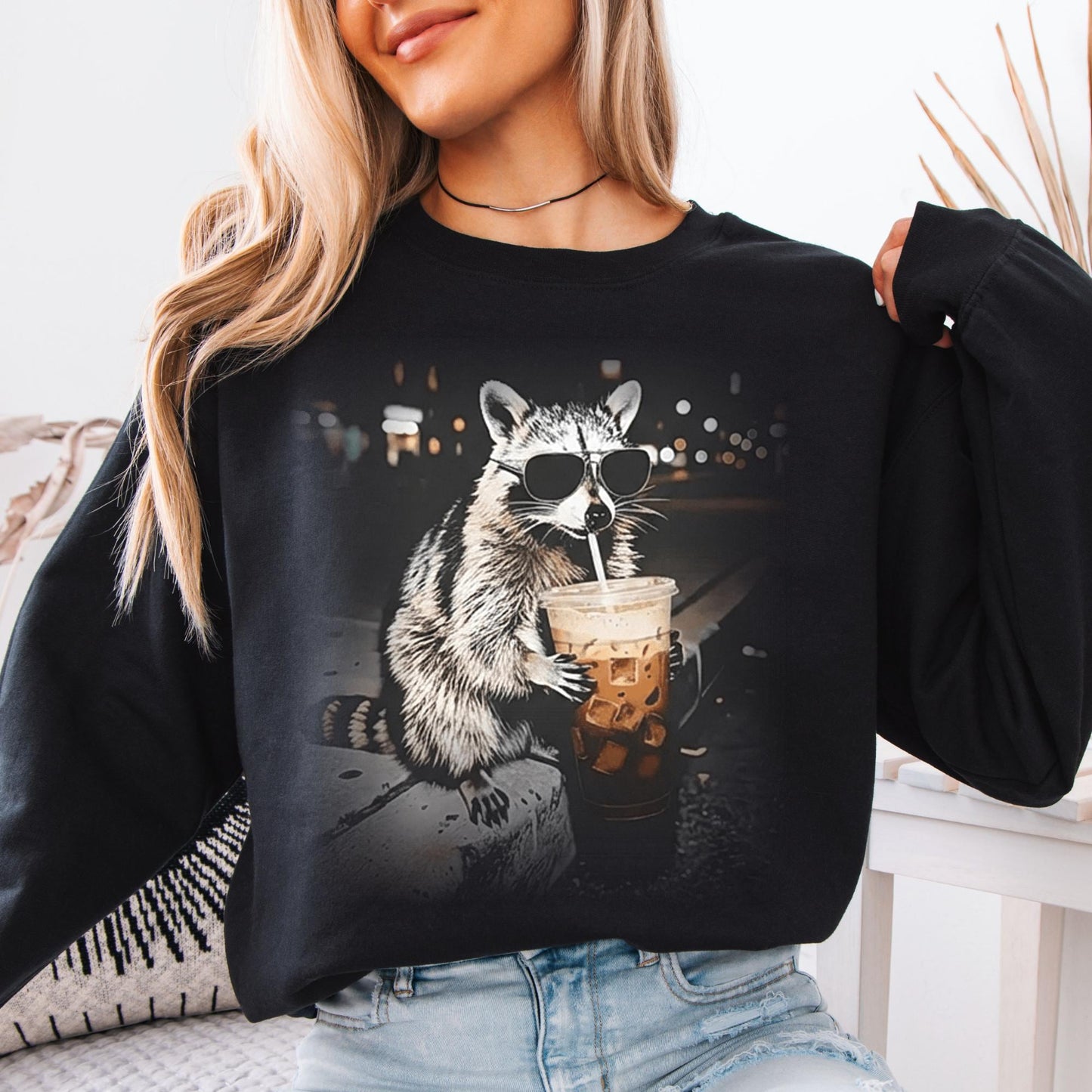 Funny Raccoon Drinking Iced Coffee Sweatshirt, Animal Meme Graphic Sweat, Gift for Men | Women