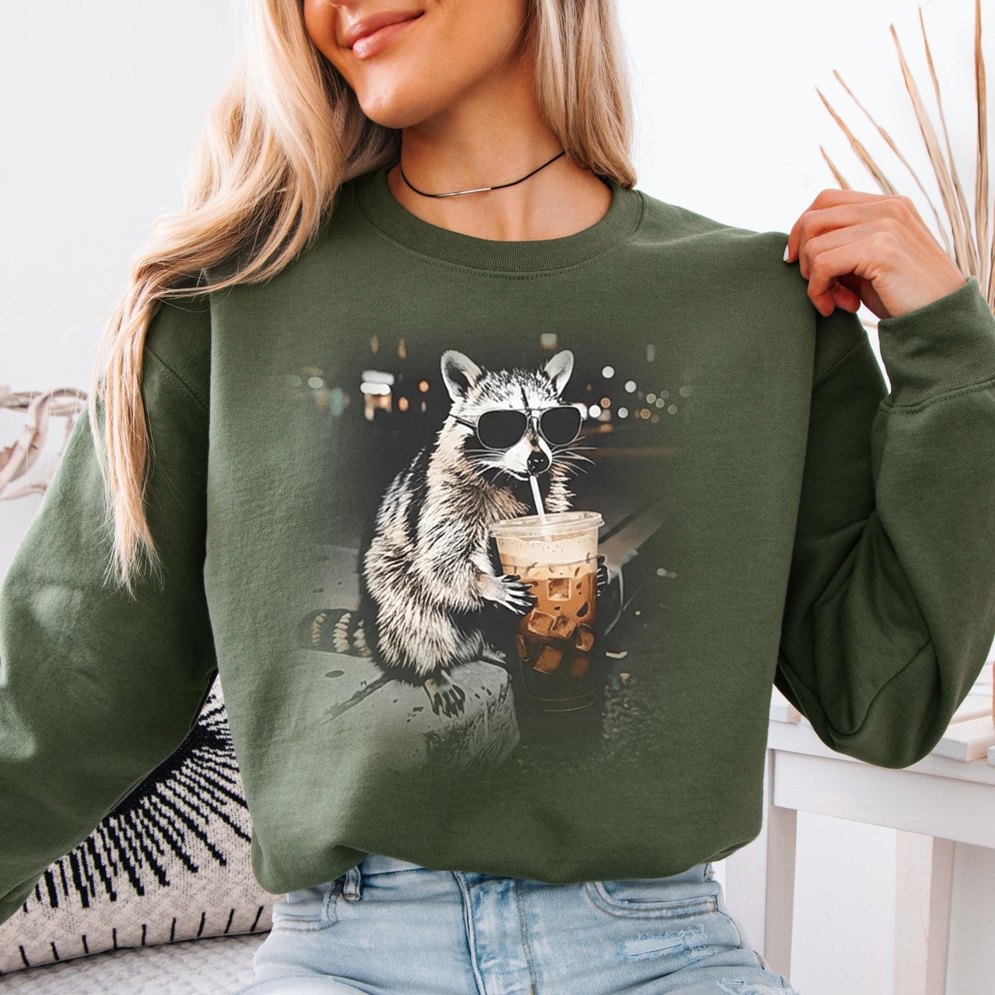 Funny Raccoon Drinking Iced Coffee Sweatshirt, Animal Meme Graphic Sweat, Gift for Men | Women