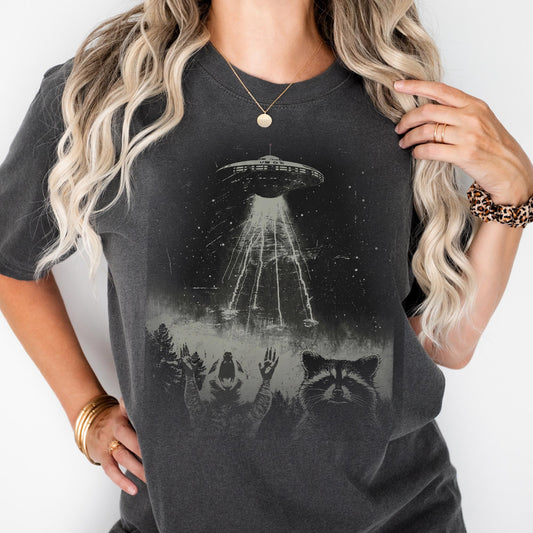 Vintage Raccon UFO Comfort Colors Tshirt, Funny Raccon Retro Shirt Gift, Raccoon Oversized tshirt, Space Meme Tee