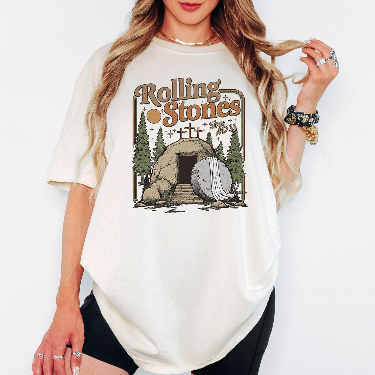 Christian Easter Rolling Stones Shirt, Comfort Colors® He Is Risen Jesus Graphic Tee, Faith Based Religious T-Shirt