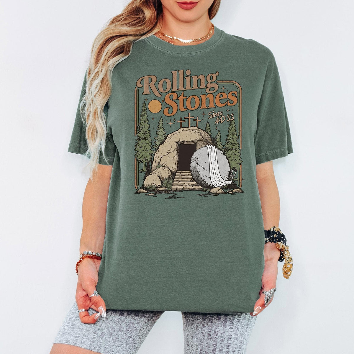 Christian Easter Rolling Stones Shirt, Comfort Colors® He Is Risen Jesus Graphic Tee, Faith Based Religious T-Shirt
