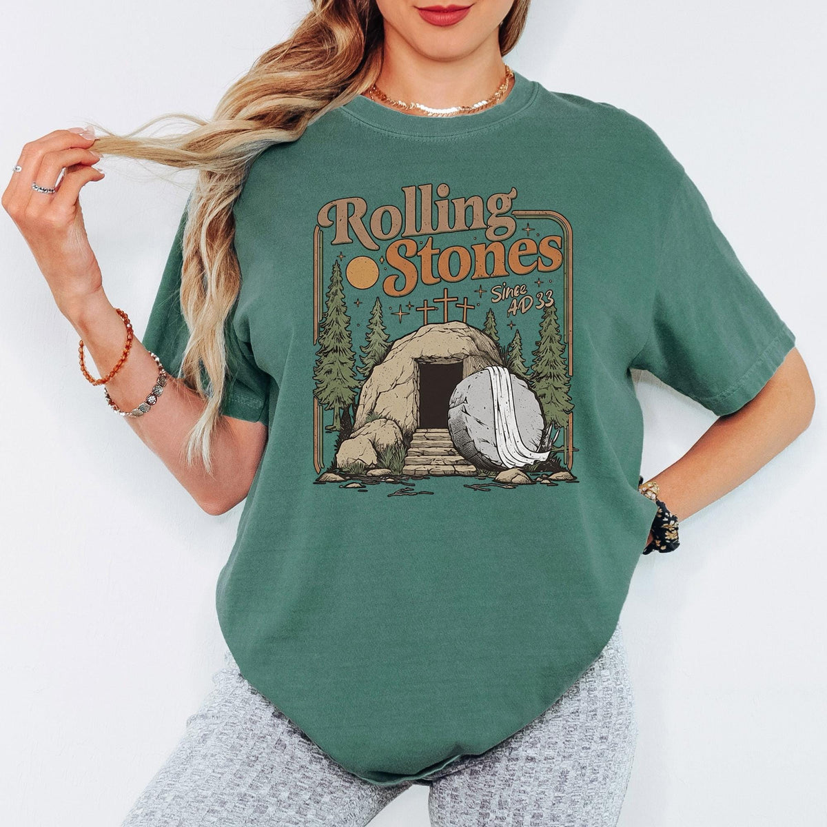 Christian Easter Rolling Stones Shirt, Comfort Colors® He Is Risen Jesus Graphic Tee, Faith Based Religious T-Shirt