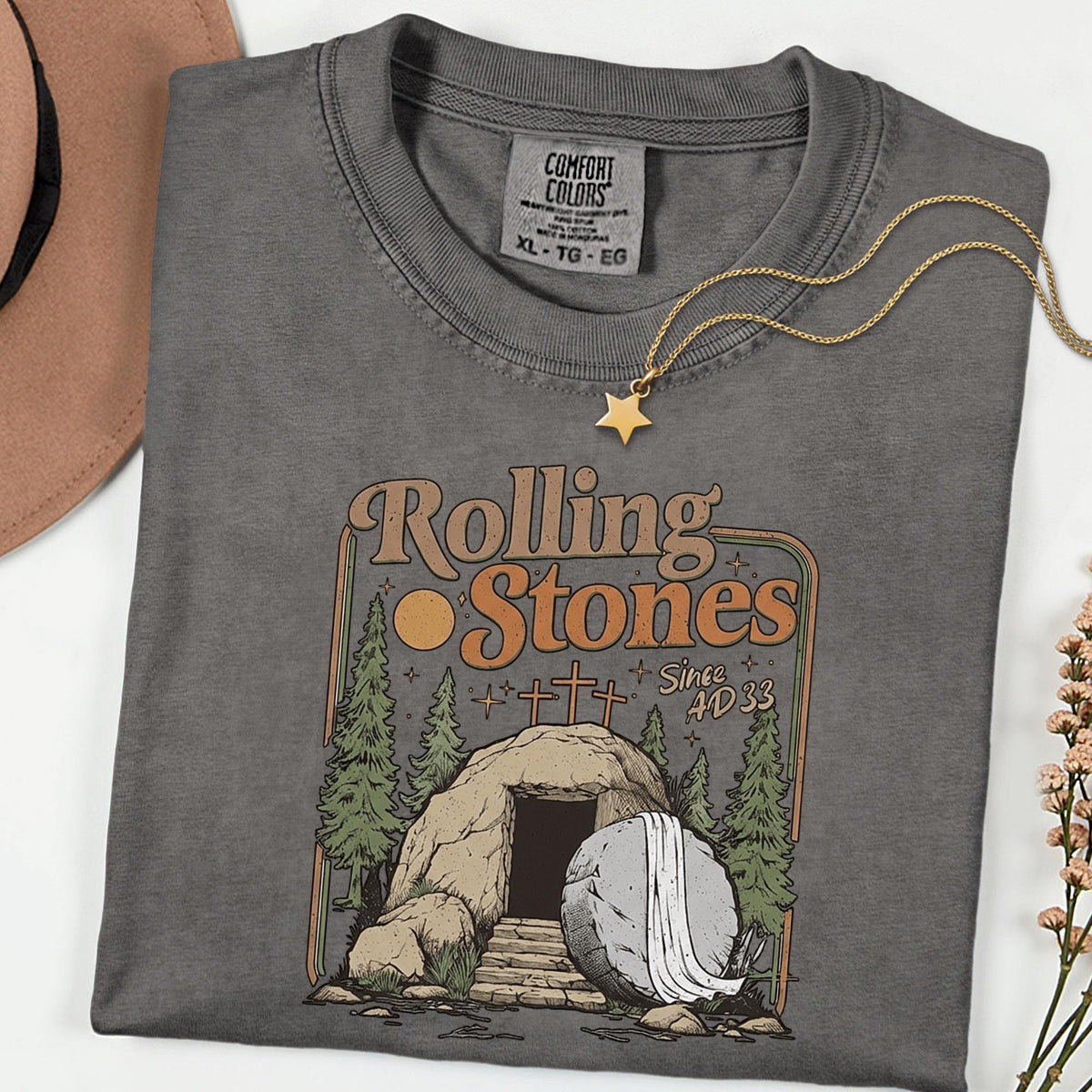 Christian Easter Rolling Stones Shirt, Comfort Colors® He Is Risen Jesus Graphic Tee, Faith Based Religious T-Shirt