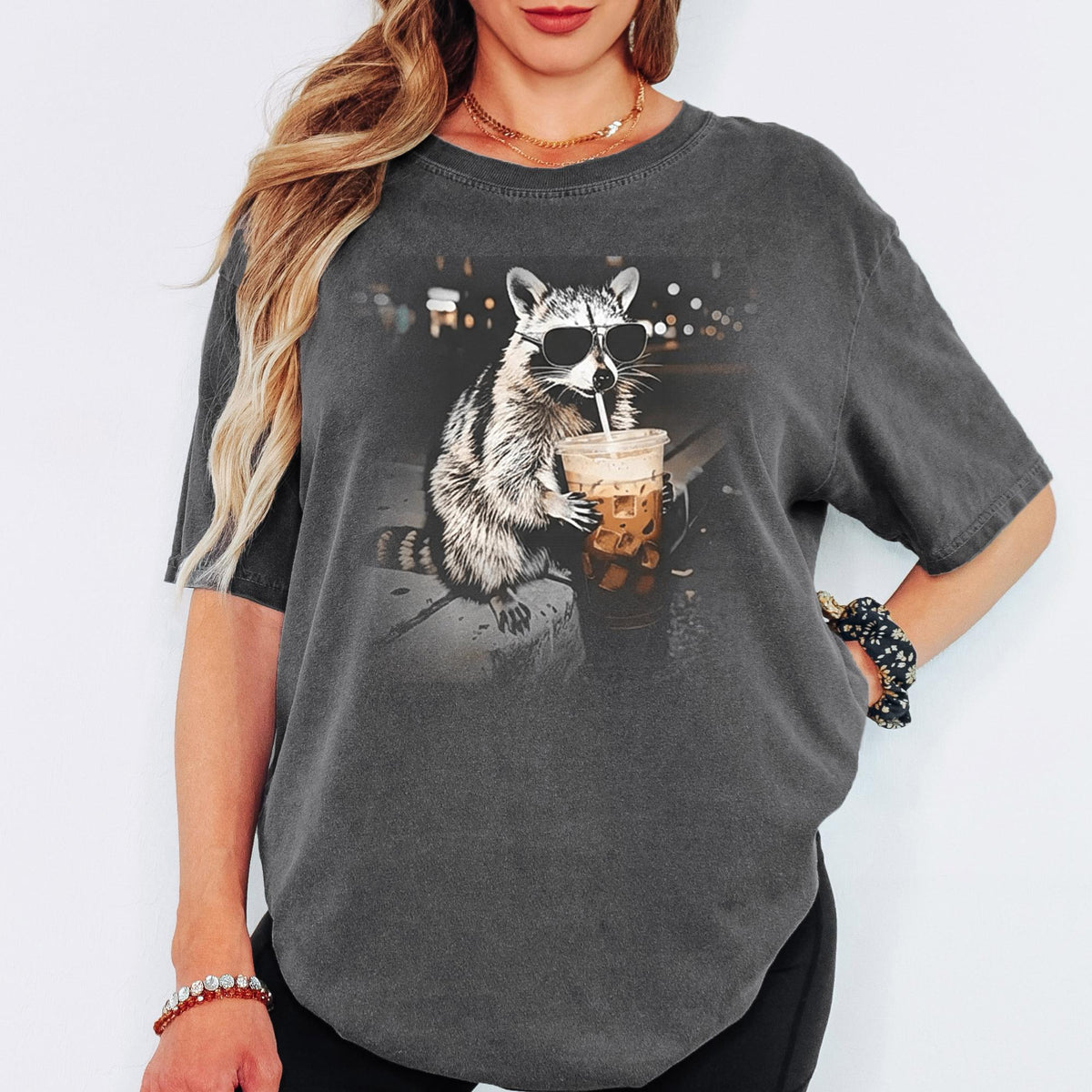 Comfort Colors® Funny Raccoon Iced Coffee Shirt, Cute Animal Meme Graphic Tee, Coffee Addict Unisex T-Shirt