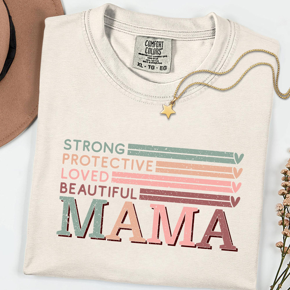Comfort Colors® Strong Protective Loved Beautiful Mama Shirt, Vintage Retro Mom Graphic Tee, Trendy Mother’s Day Gift T-Shirt
