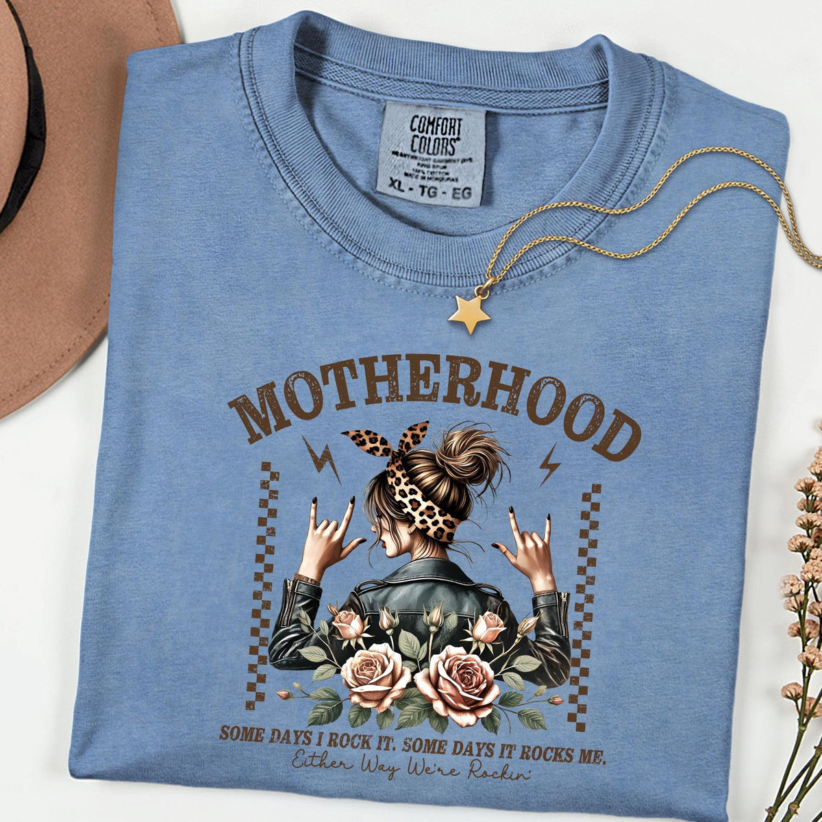 Comfort Colors® Motherhood Rocking Tee, Some Days I Rock It, Some Days It Rocks Me Mom Shirt, Trendy Womens Crewneck, Edgy Mom Life Shirt