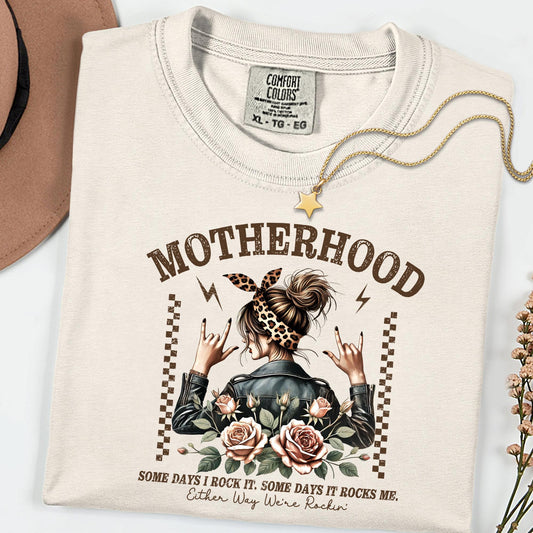 Comfort Colors® Motherhood Rocking Tee, Some Days I Rock It, Some Days It Rocks Me Mom Shirt, Trendy Womens Crewneck, Edgy Mom Life Shirt