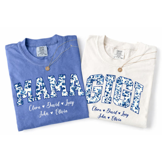 Personalized Gigi Comfort Colors® Shirt Blue Toile Floral Grandma Mama Shirt Custom Names Mimi Nana Gigi Long Sleeve Tshirt Mothers Day Gift