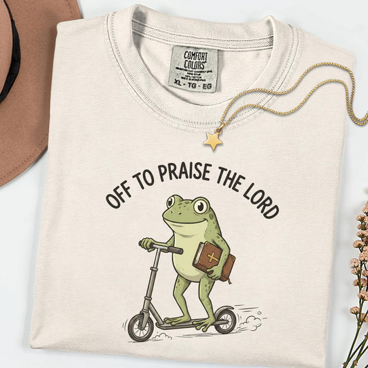Praise The Lord Frog Comfort Colors® Tee, Funny Christian Church Shirt, Bible Scooter Graphic, Vintage Faith Top