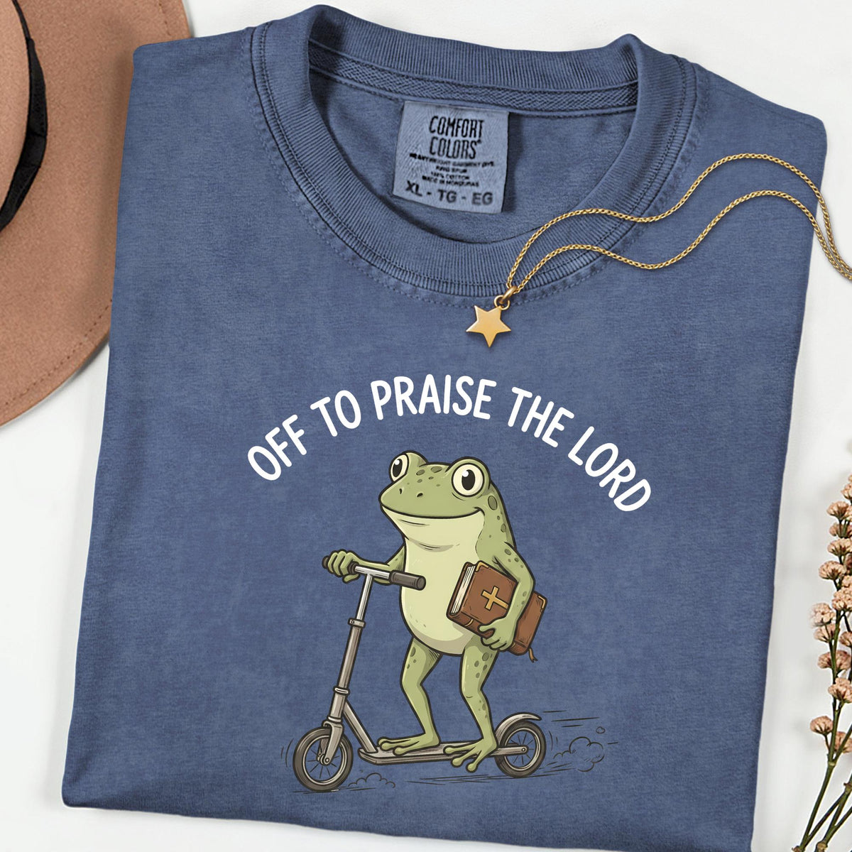 Praise The Lord Frog Comfort Colors® Tee, Funny Christian Church Shirt, Bible Scooter Graphic, Vintage Faith Top