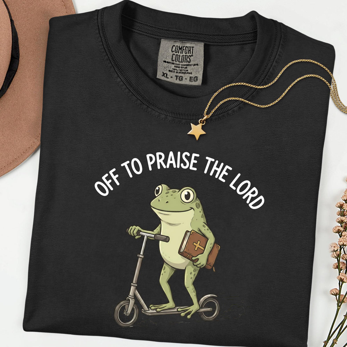 Praise The Lord Frog Comfort Colors® Tee, Funny Christian Church Shirt, Bible Scooter Graphic, Vintage Faith Top