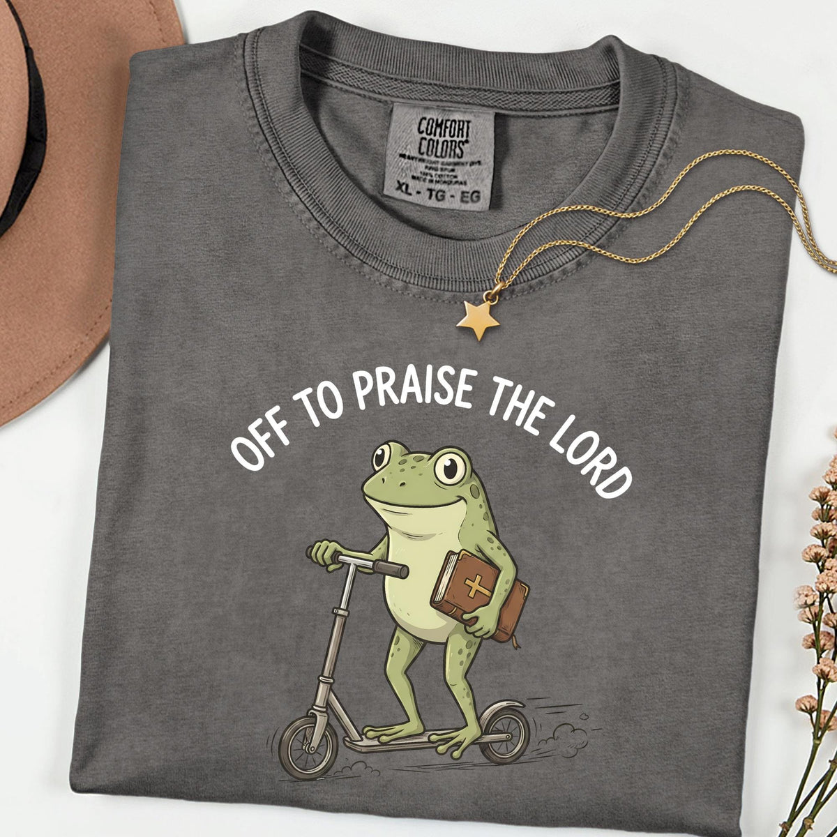 Praise The Lord Frog Comfort Colors® Tee, Funny Christian Church Shirt, Bible Scooter Graphic, Vintage Faith Top