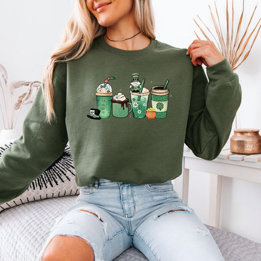 Lucky Coffee St. Patrick’s Day Sweatshirt, Retro Shamrock Coffee Lover Hoodie, Irish Lucky Clover Sweatshirt