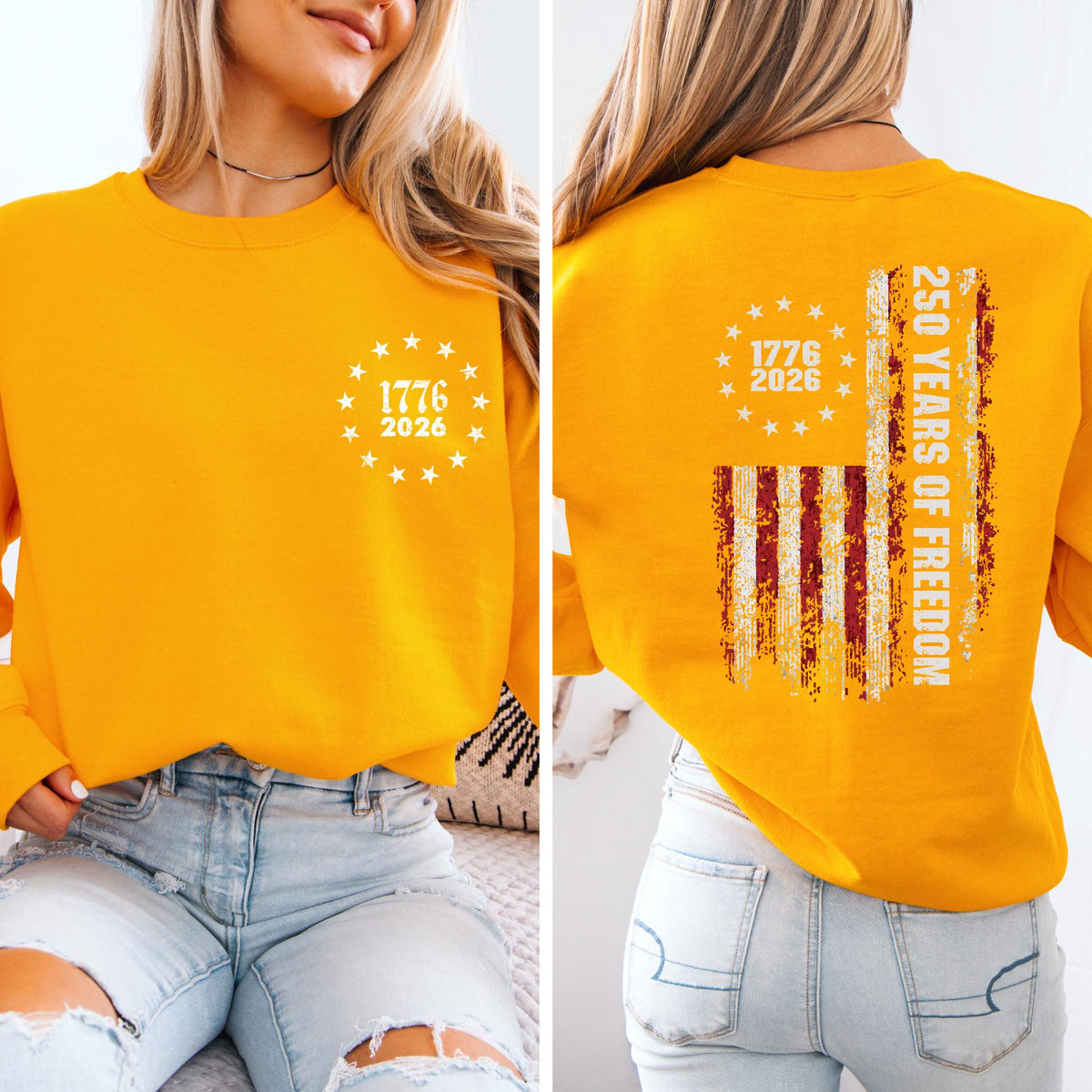 250 Years of Freedom Sweatshirt, 1776–2026 Patriotic Crewneck, Two Sided Independence Graphic Pullover