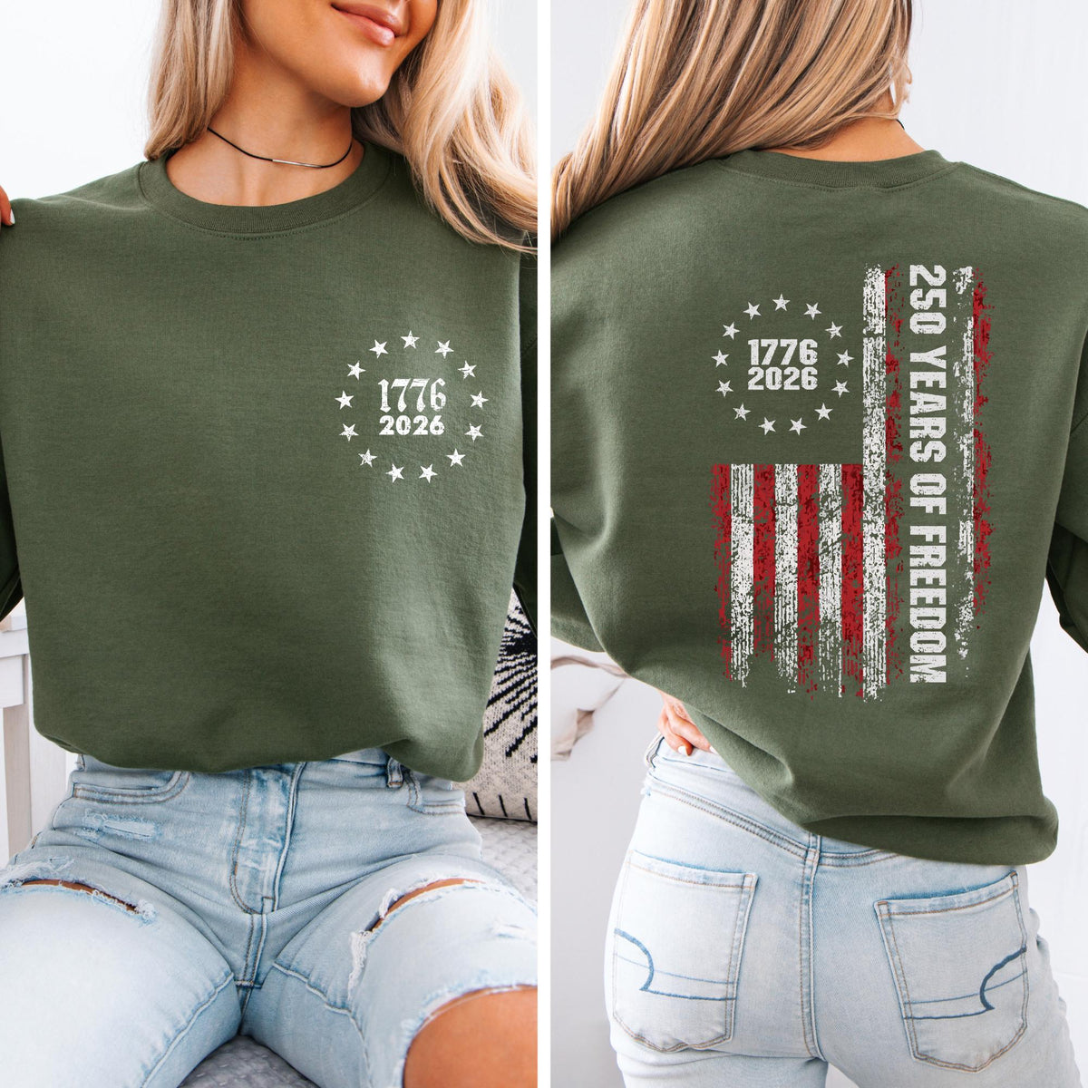 250 Years of Freedom Sweatshirt, 1776–2026 Patriotic Crewneck, Two Sided Independence Graphic Pullover