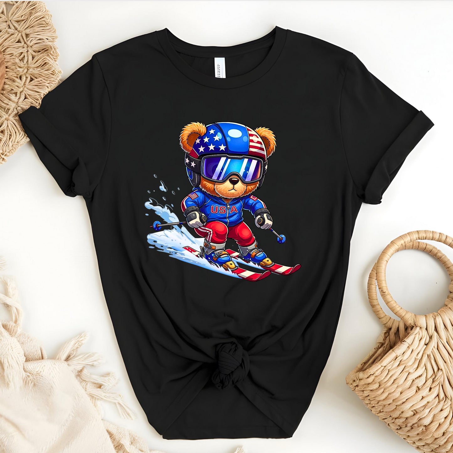 2026 Winter Unisex T-Shirt, Ski Team Crewneck, Skiing Teddy USA Bear Tee