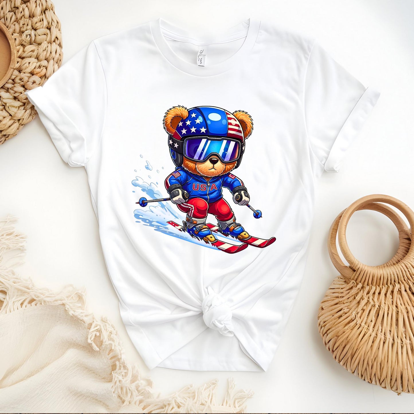 2026 Winter Unisex T-Shirt, Ski Team Crewneck, Skiing Teddy USA Bear Tee