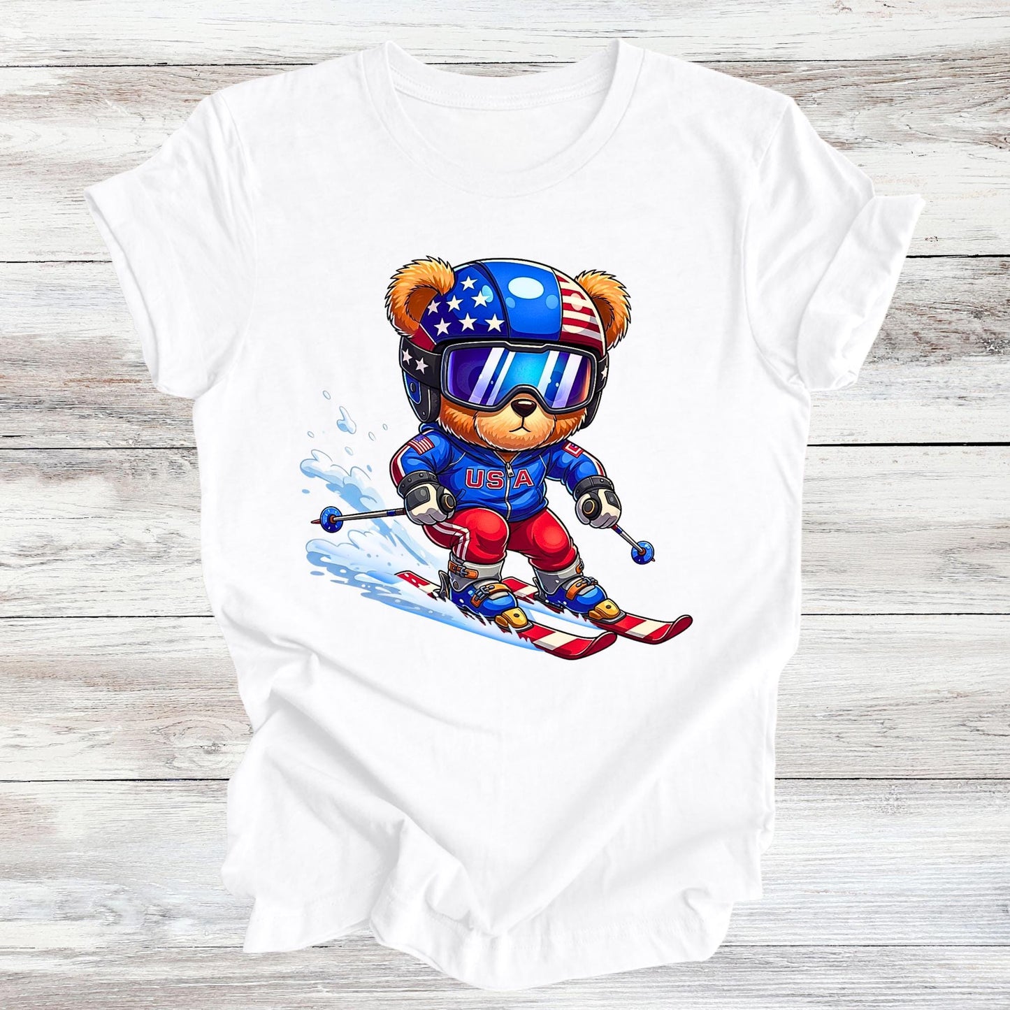 2026 Winter Unisex T-Shirt, Ski Team Crewneck, Skiing Teddy USA Bear Tee