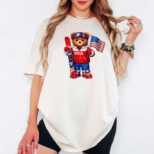 Comfort Colors® USA Ski Teddy Bear Shirt, Unisex Winter 2026 Sports Tee, Retro Apres Ski USA Shirt