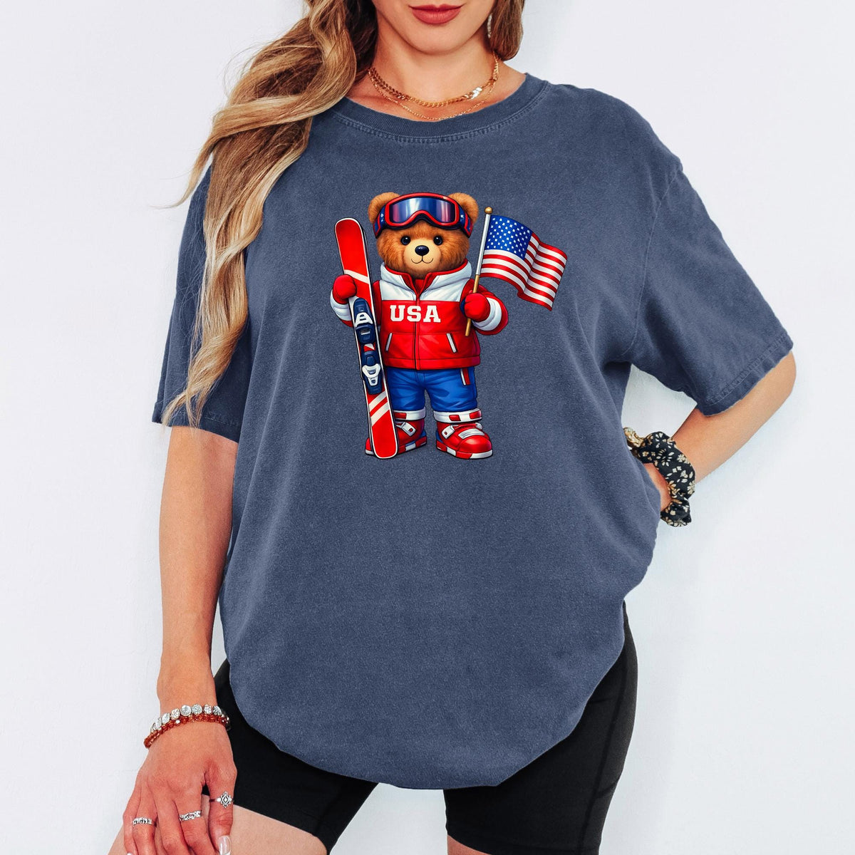 Comfort Colors® USA Ski Teddy Bear Shirt, Unisex Winter 2026 Sports Tee, Retro Apres Ski USA Shirt
