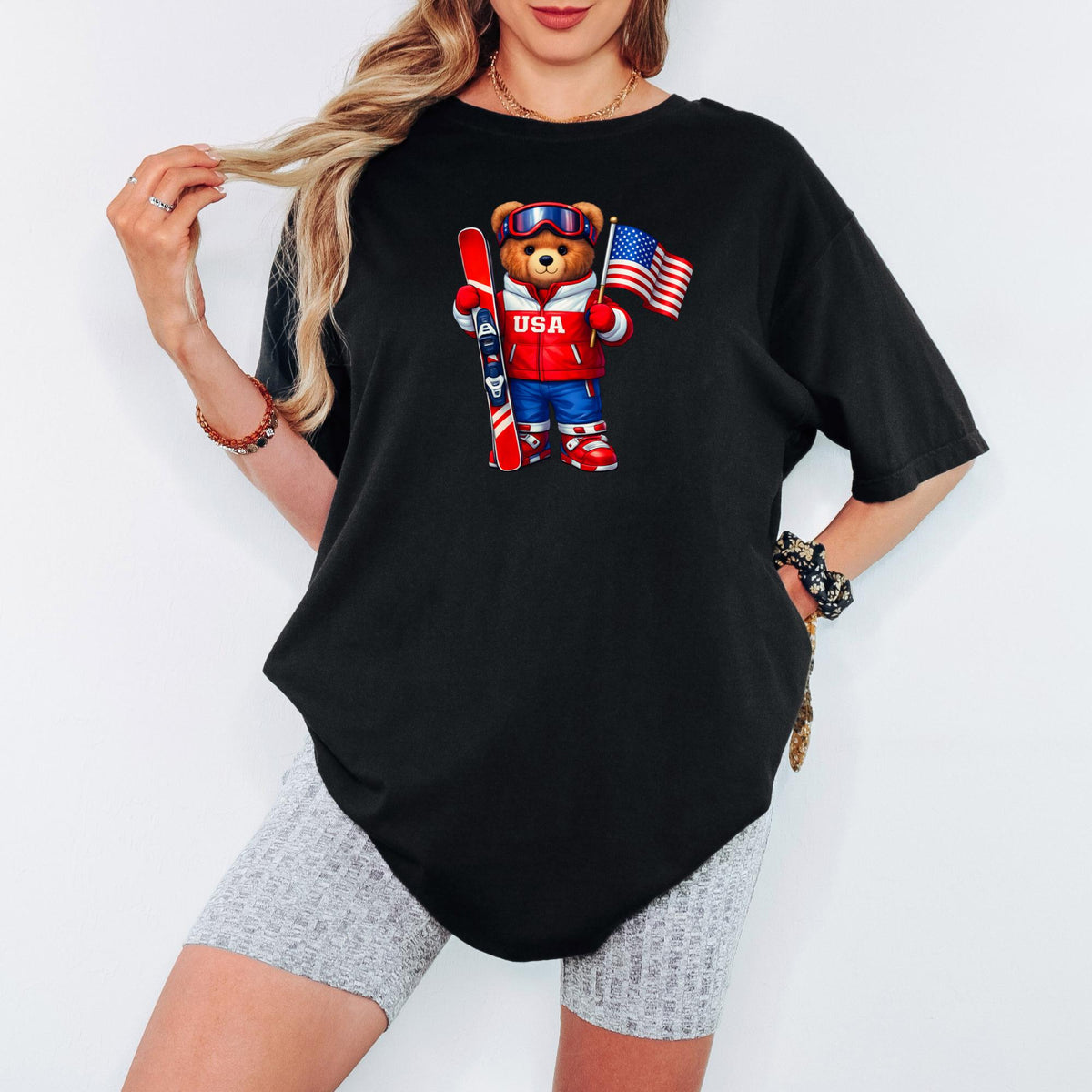 Comfort Colors® USA Ski Teddy Bear Shirt, Unisex Winter 2026 Sports Tee, Retro Apres Ski USA Shirt
